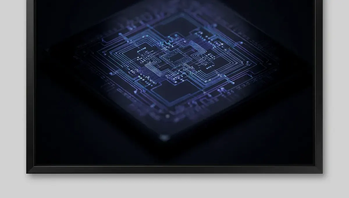 Macro photograph of a futuristic AI processor die with glowing circuit traces